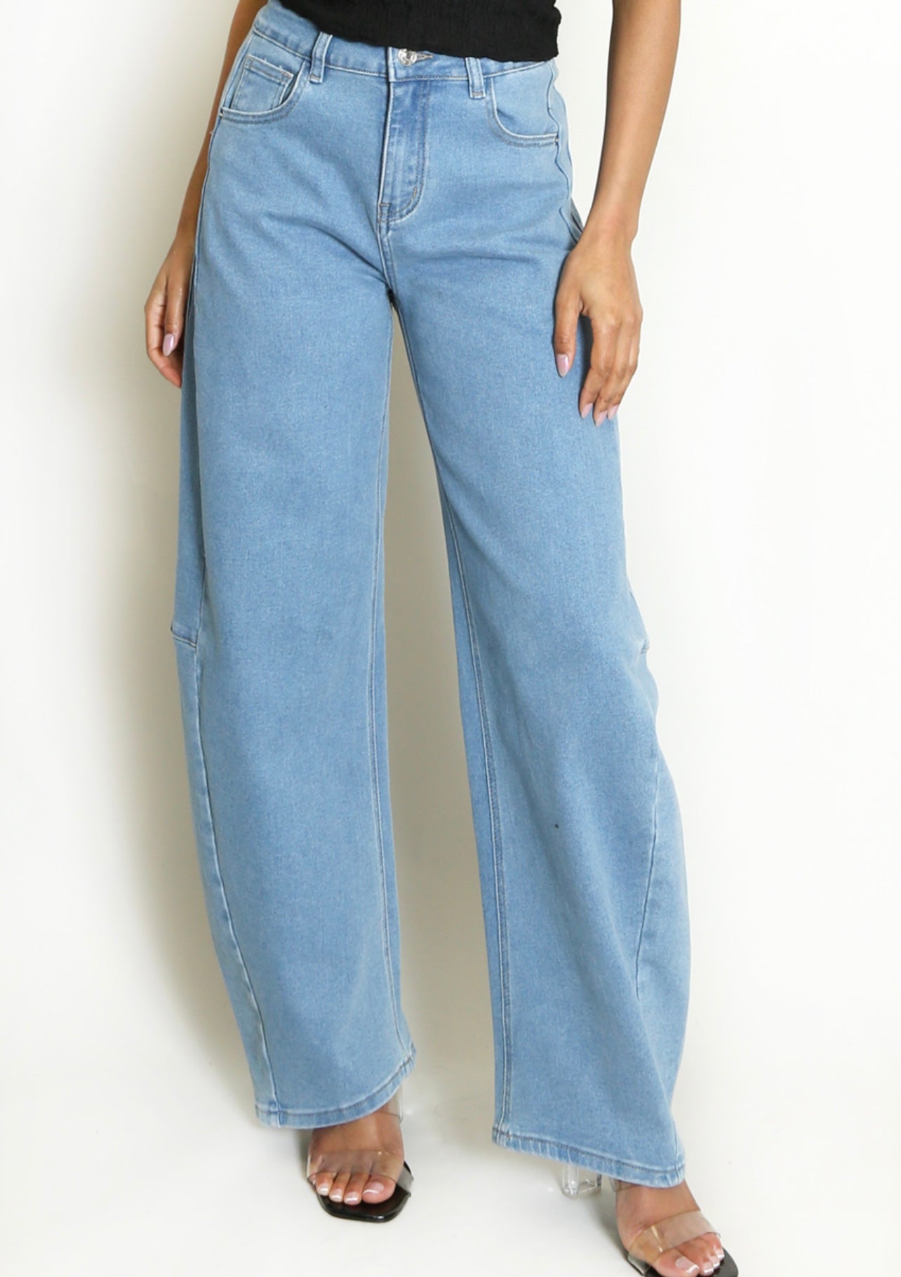 Mid Wash Paneled Barrel Jeans