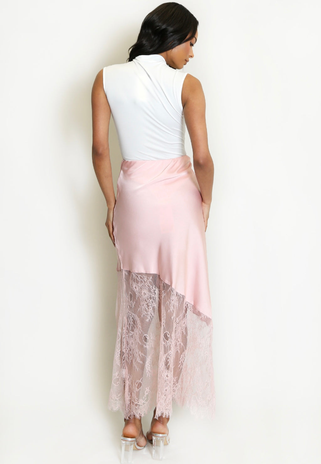 Pink Asymmetric Lace Hem Satin Skirts