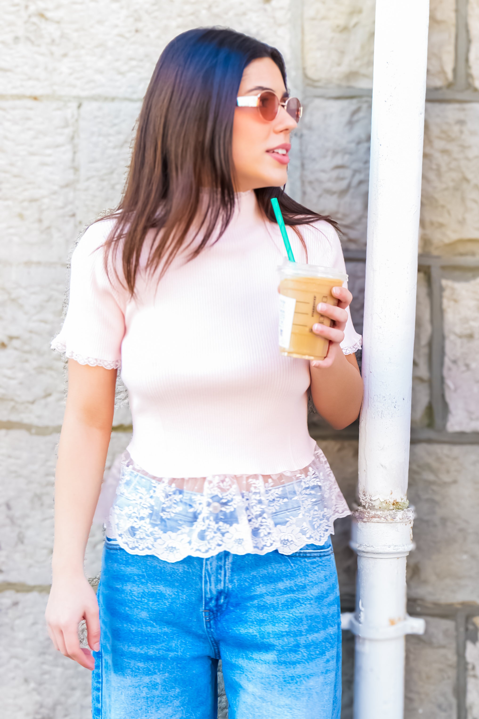 Pink Lace Detail Ribbed Top