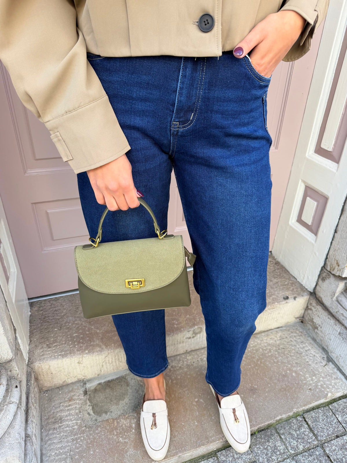 Suede And Pu Detail Handbag