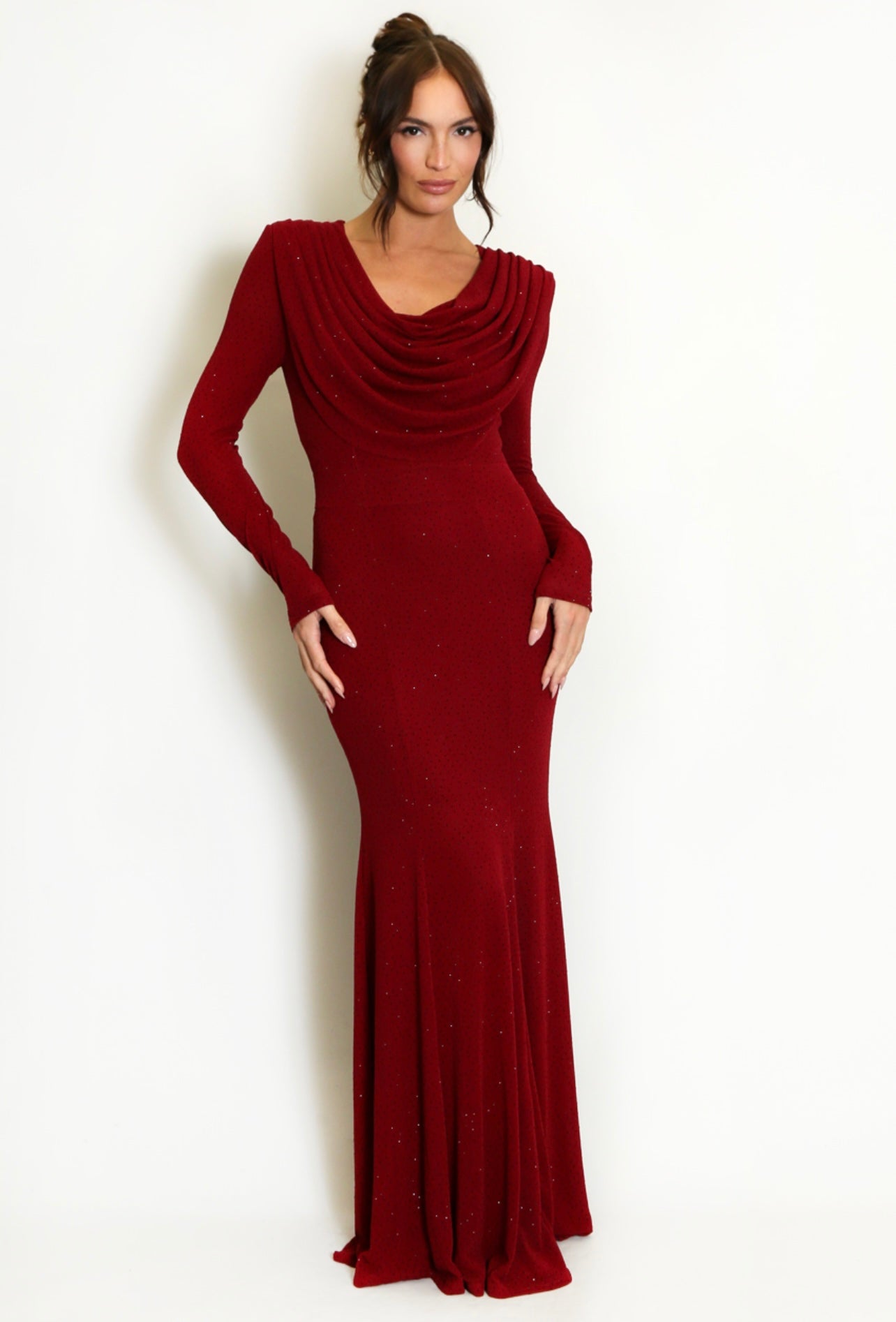 Burgundy Cowl Neck Studded Maxi Dress