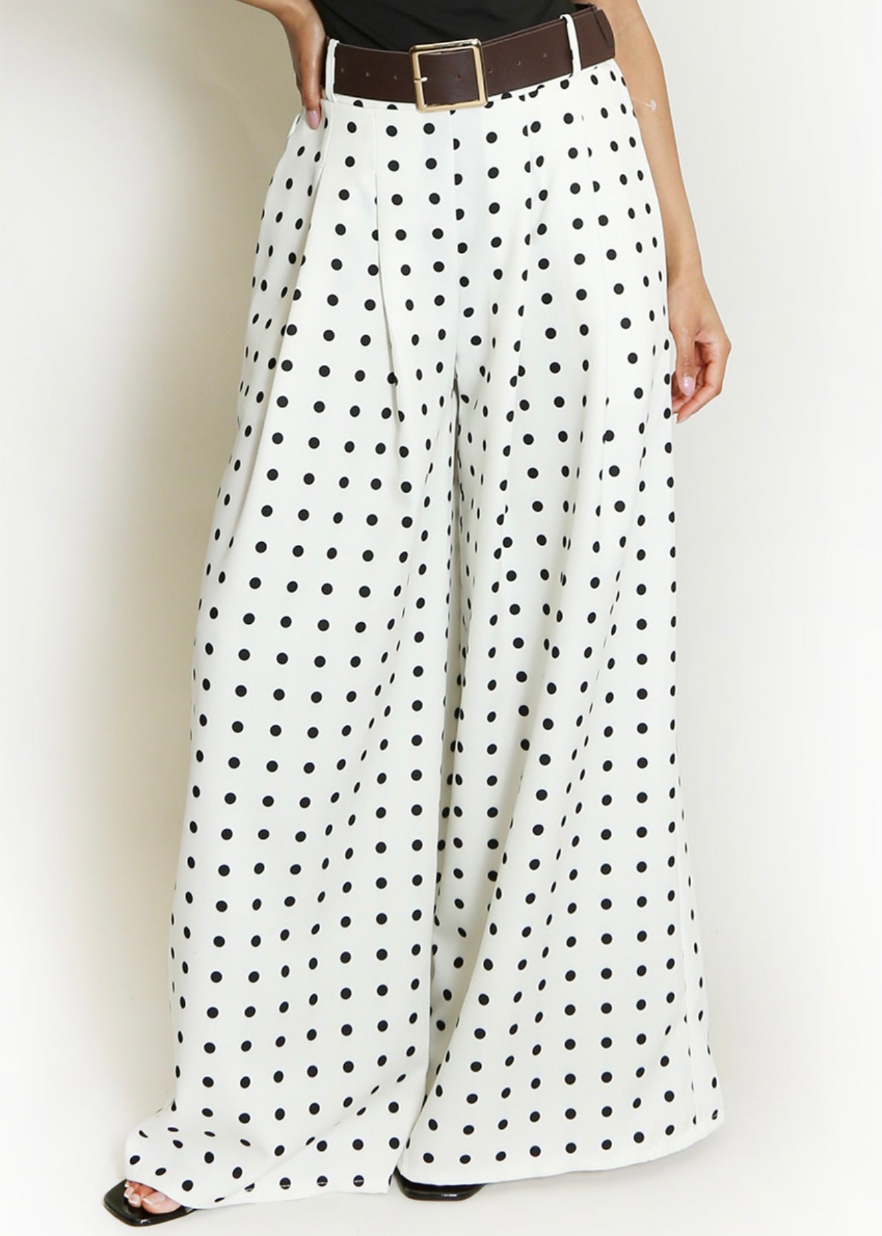 White Polka Dots Wide Leg Belted Trousers