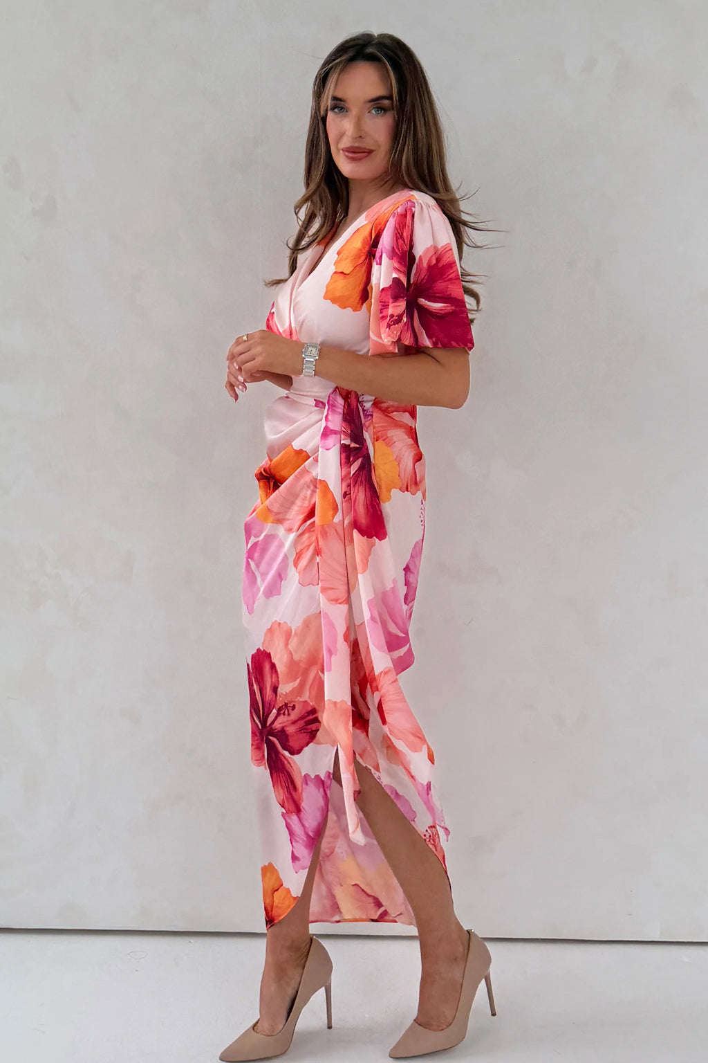 Drew Puff Sleeve Wrap Front Midi Dress Floral Print