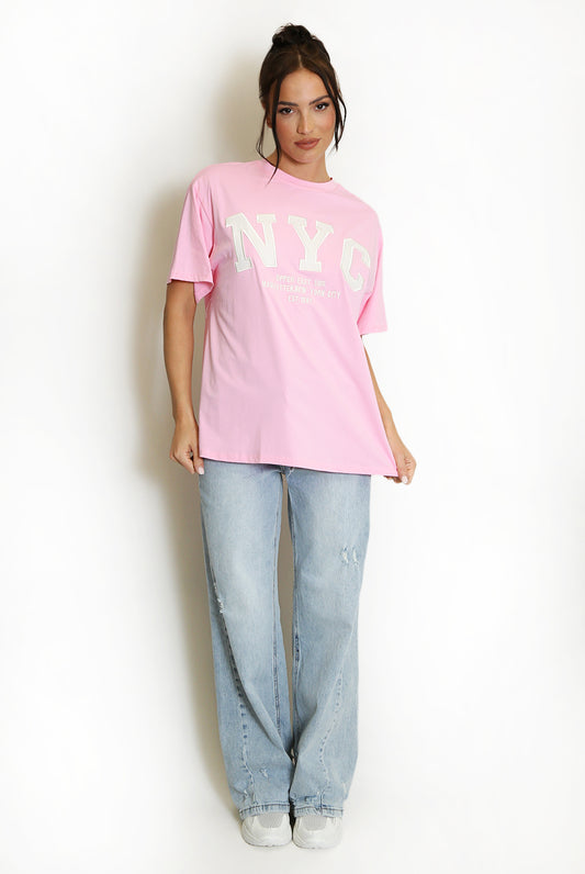 Pink NYC Motif Slogan T-Shirt