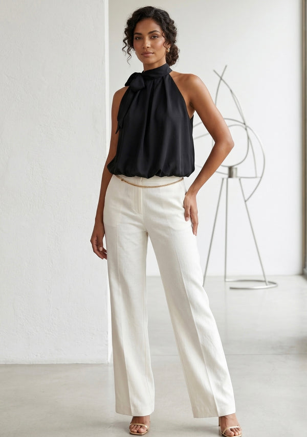 Black Bow Neck Balloon Hem Blouse