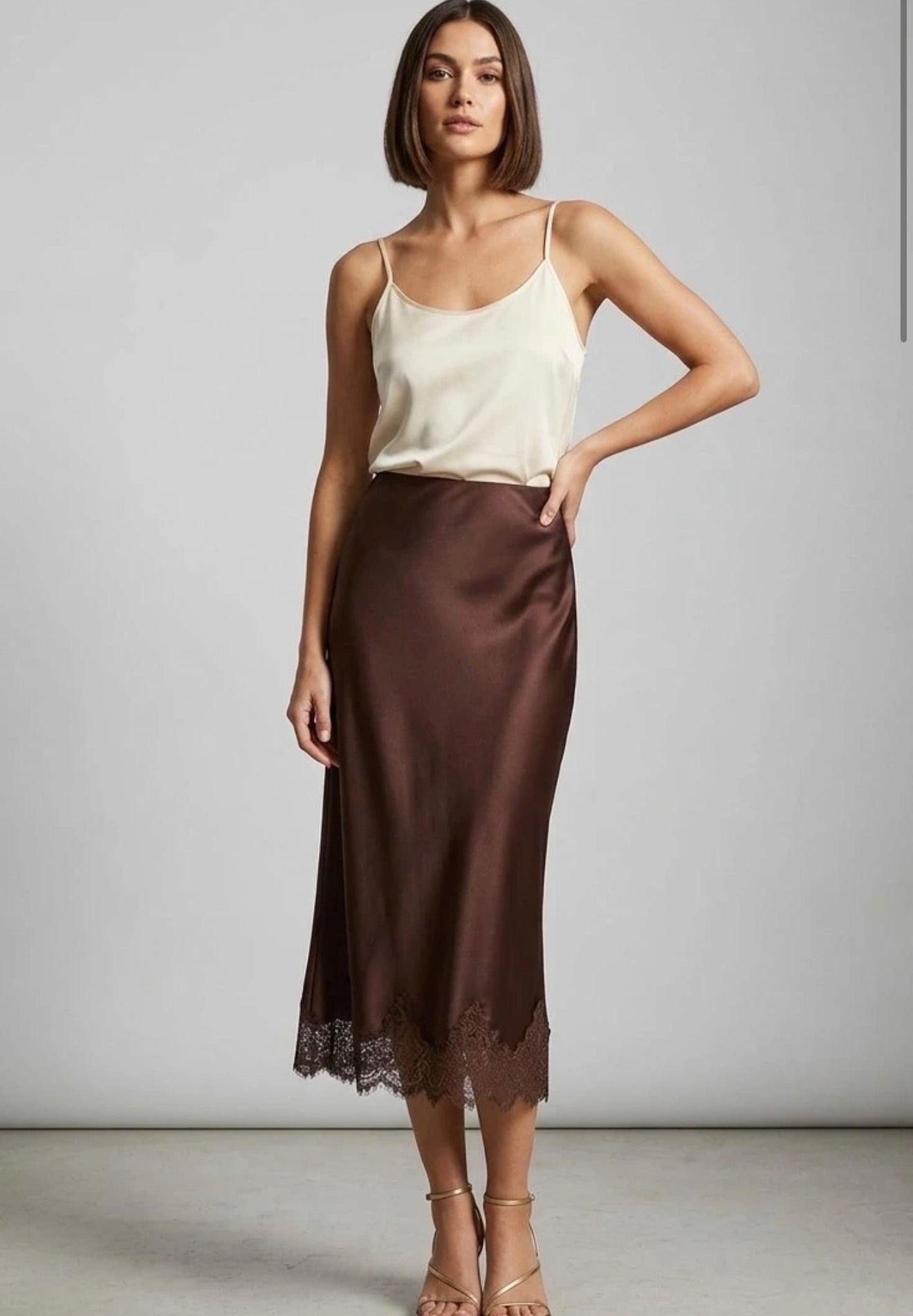 Brown Satin Lace Hem Midi Skirt