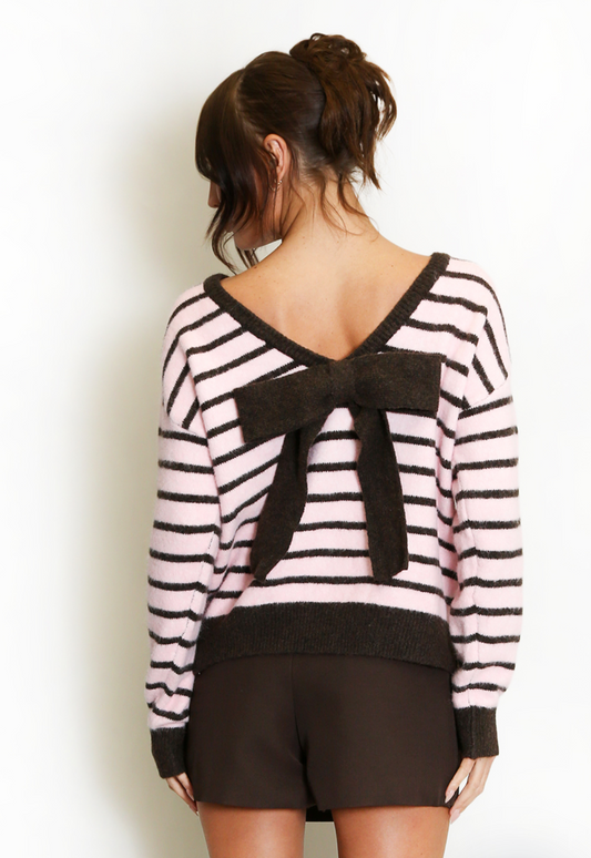 Pink Contrast Knot Detail Striped Jumper