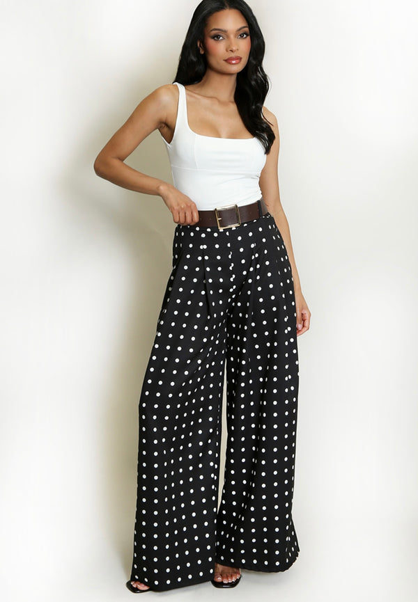 Black Polka Dots Wide Leg Belted Trousers