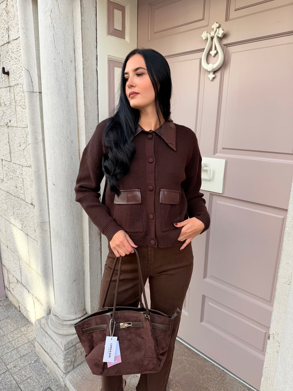 Brown Knitted Jumper With Brown Leather Collar And Pocket Detail