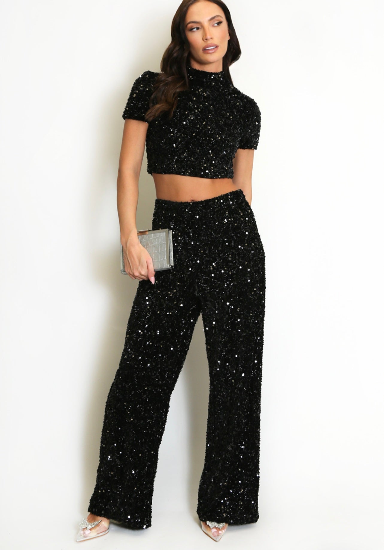 Black Sequin High Waisted Wide Leg Trouser