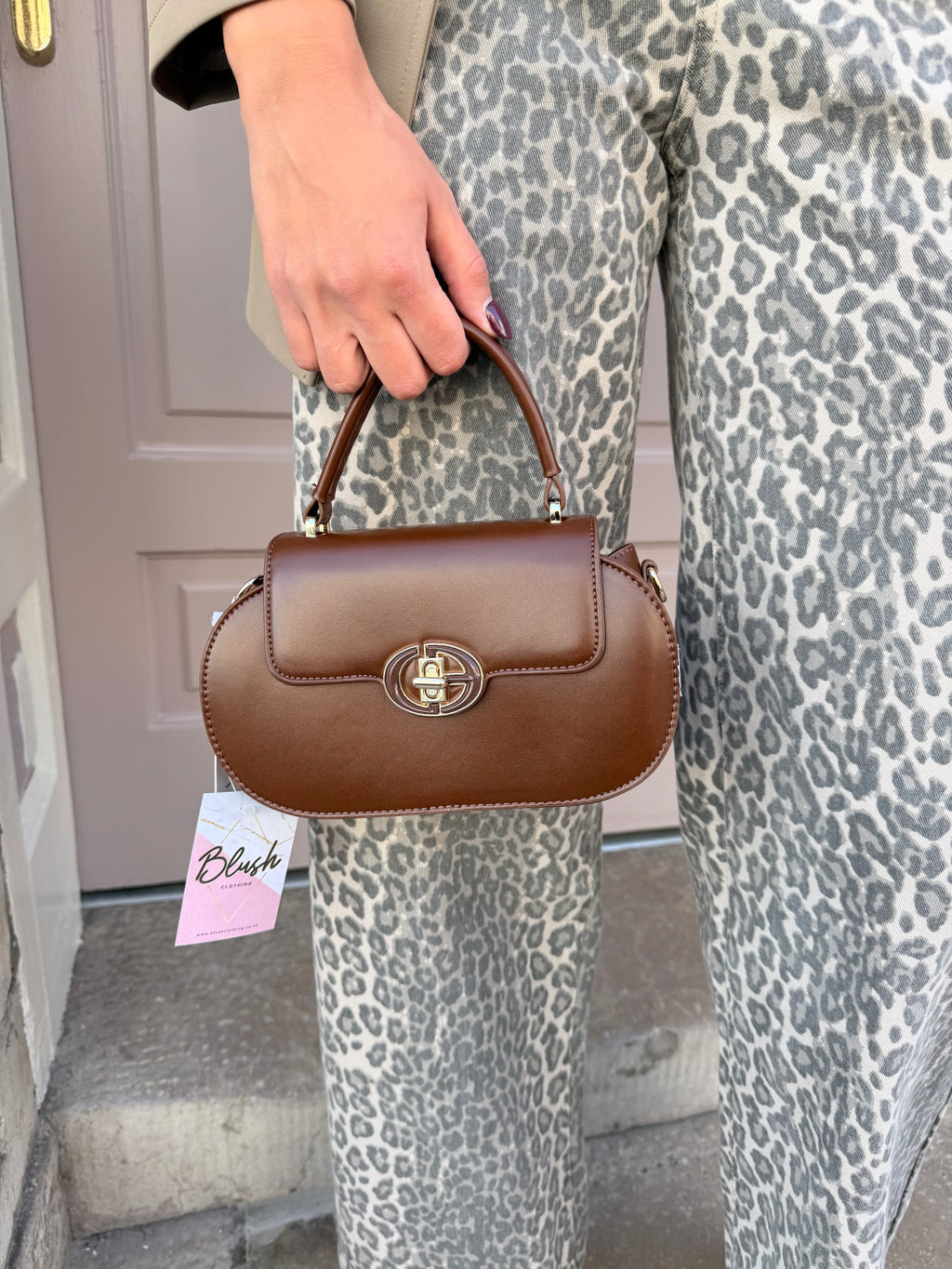 Gold Detail Clasp Top Handle Handbag