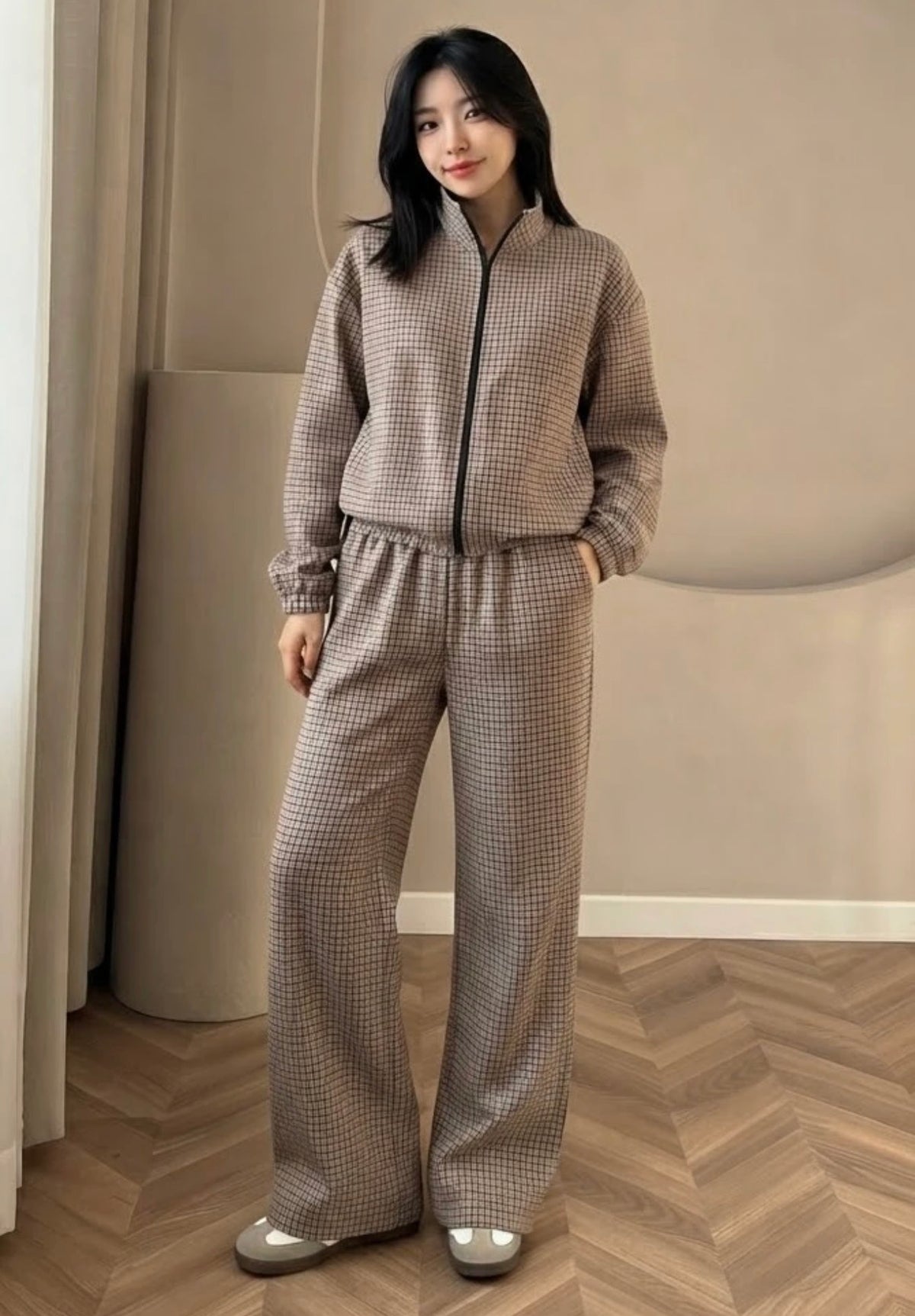 Taupe Check Jacket and And Wide Leg Trouser Set