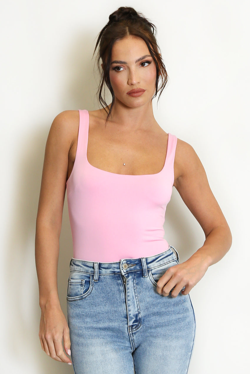 Pink Square Neck Basic Bodysuit