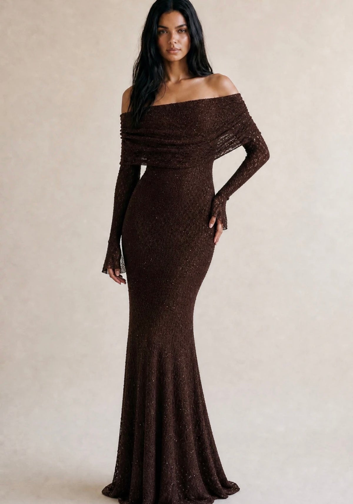 Brown Lace Embellished Bardot Maxi Dress