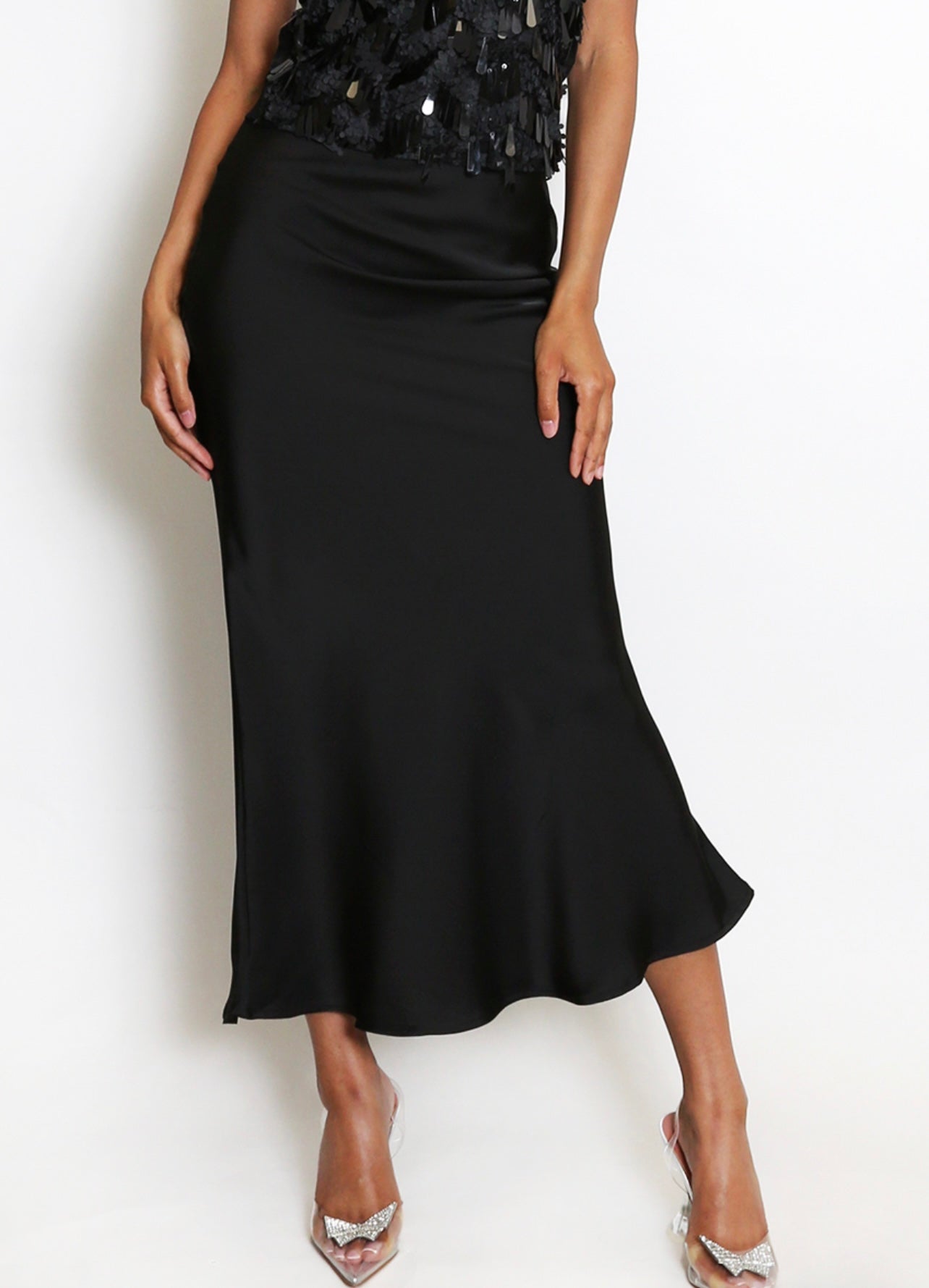 Black Satin Bias Cut Flowing Maxi Skirt