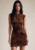 Brown Floral Textured Lace Up Mini Dress
