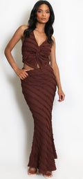 Brown Twist Front Halter Neck Top And Skirt Set