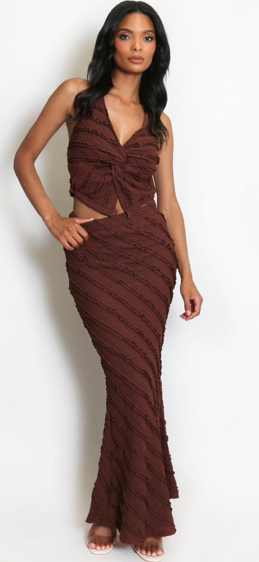 Brown Twist Front Halter Neck Top And Skirt Set