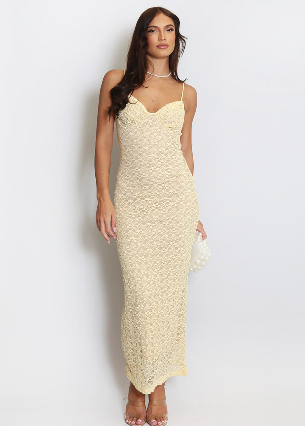 Lemon Lace Maxi Dress With Nude Lining