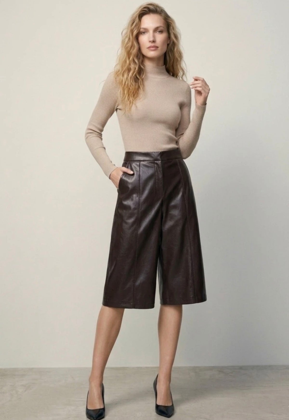 Brown PU Paneled Culottes