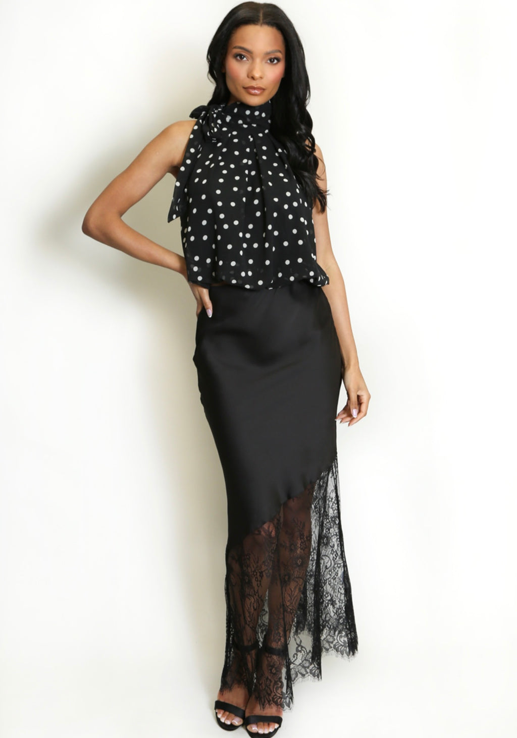 Black Polka Dot Print Halter Neck Blouse