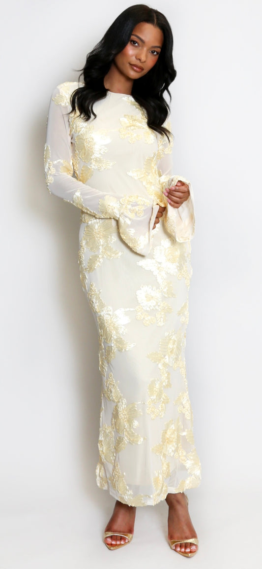 Lemon Floral Lace Lined Flute Cuffs Midi Dress