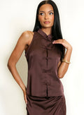 Brown Mandarin Satin Sleevless Blouse