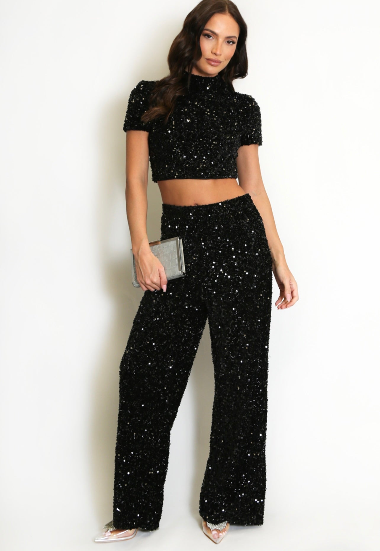 Black Sequin High Waisted Wide Leg Trouser