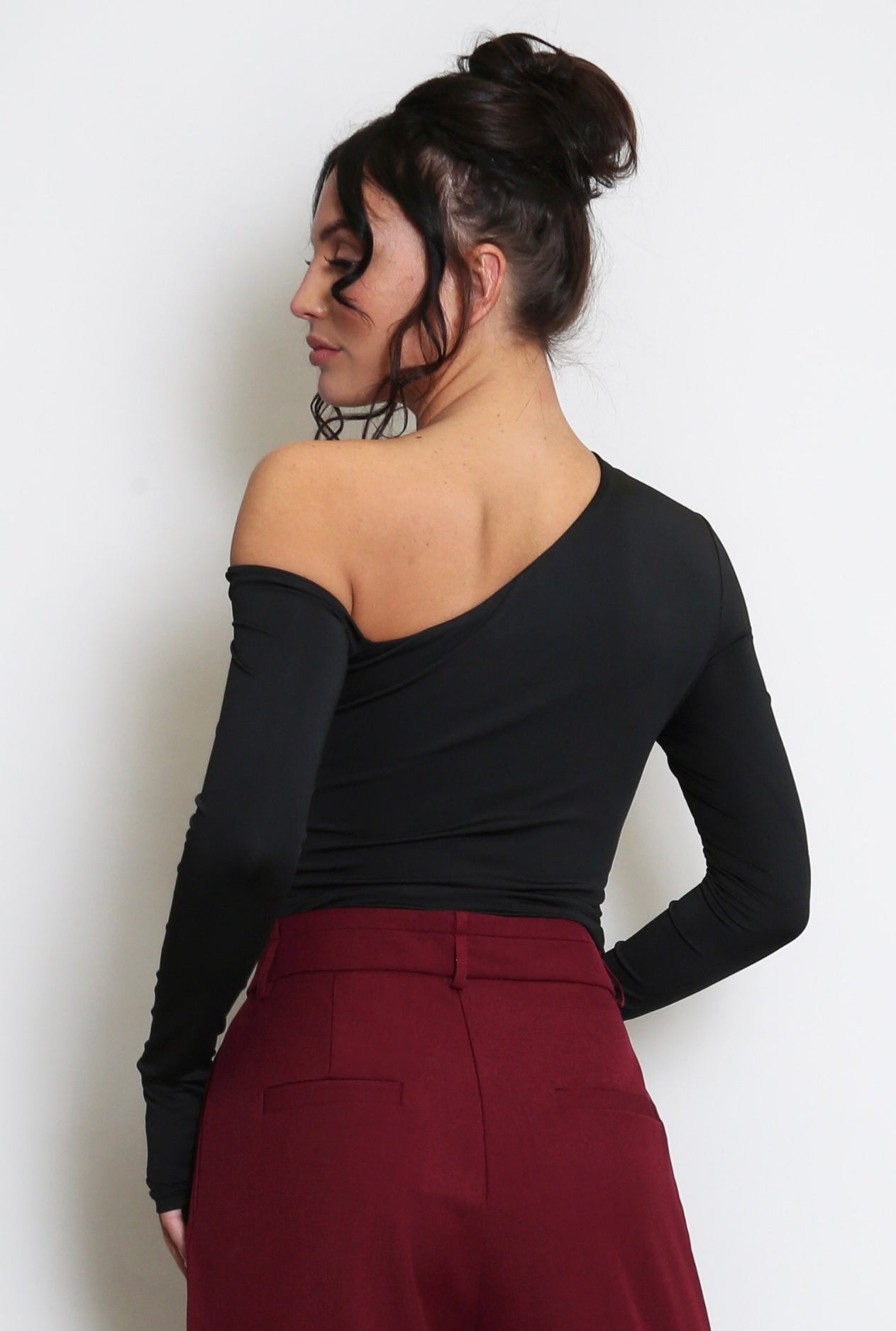 Black Long Sleeve Crop Top With Asymmetric Neckline