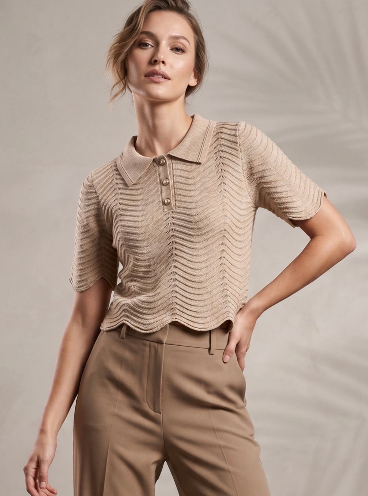 Short Sleeve Textured Knit Polo Top