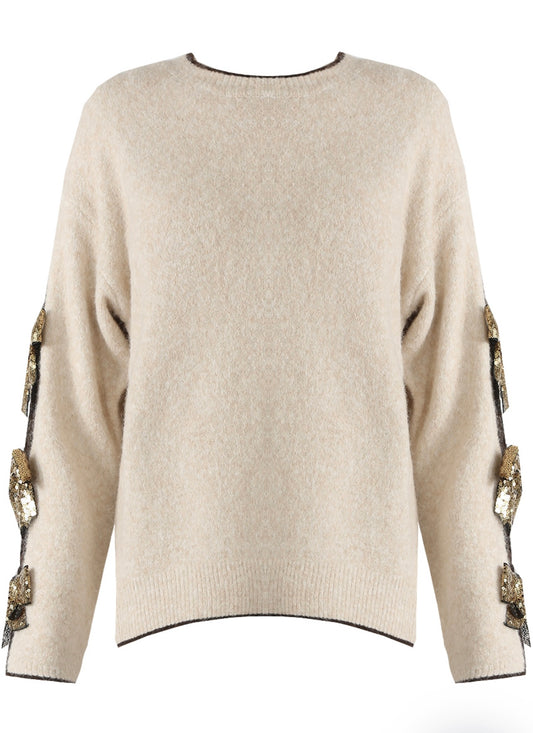 Beige Bow Sleeves Wool Blend Jumper
