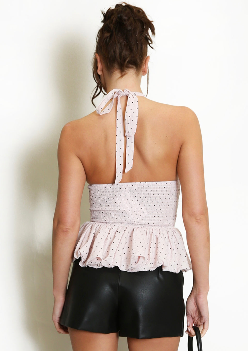 Pink Polka Dots Bubble Hem Halterneck Blouse