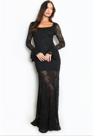 (PRE-ORDER)Black Lace Flare Cuffs Maxi Dress