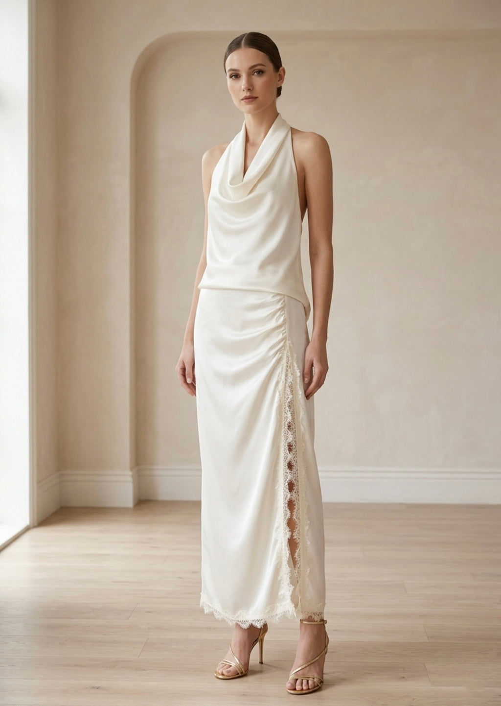 Off White Satin Side Slit Maxi Skirt