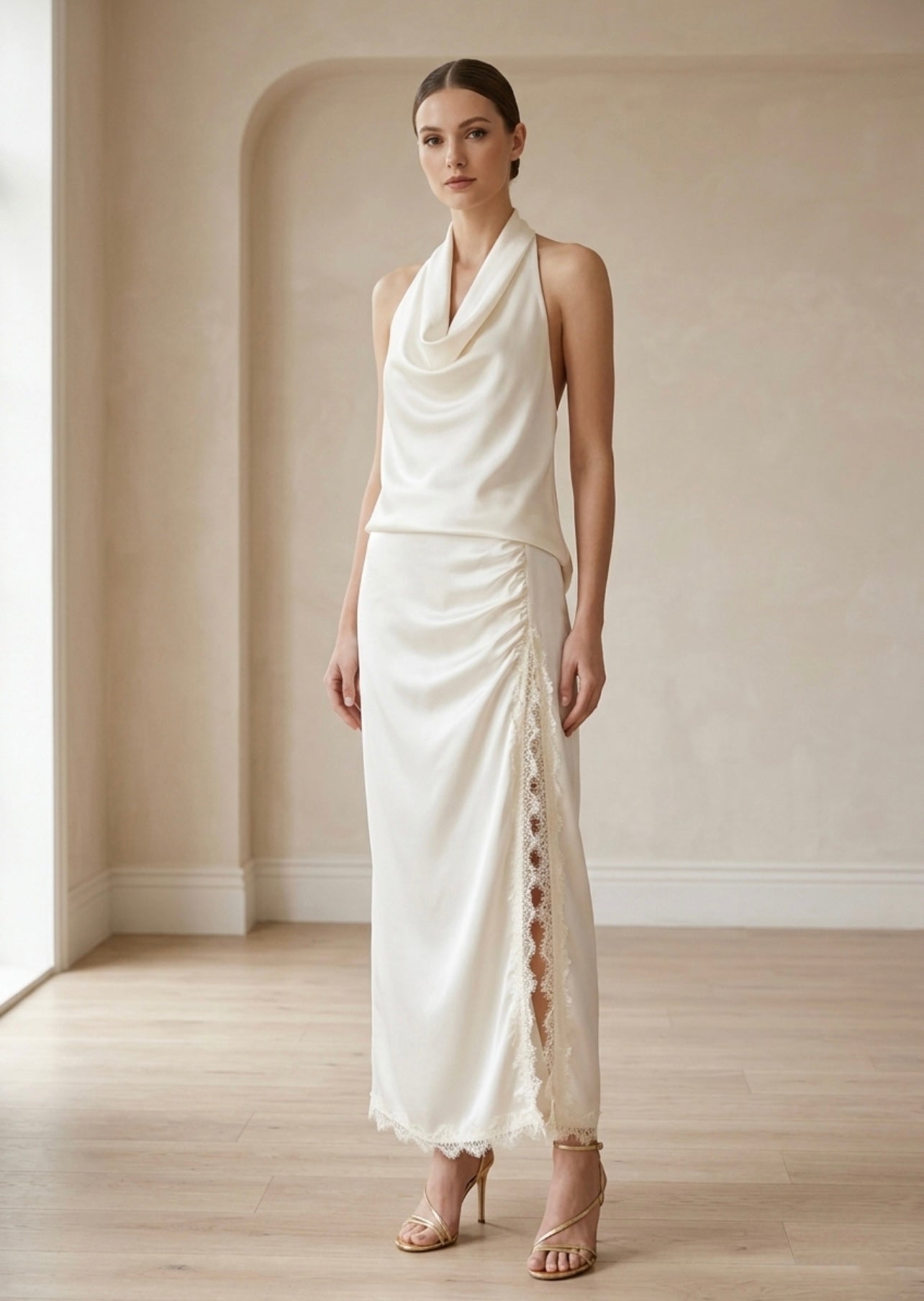 Off White Satin Side Slit Maxi Skirt