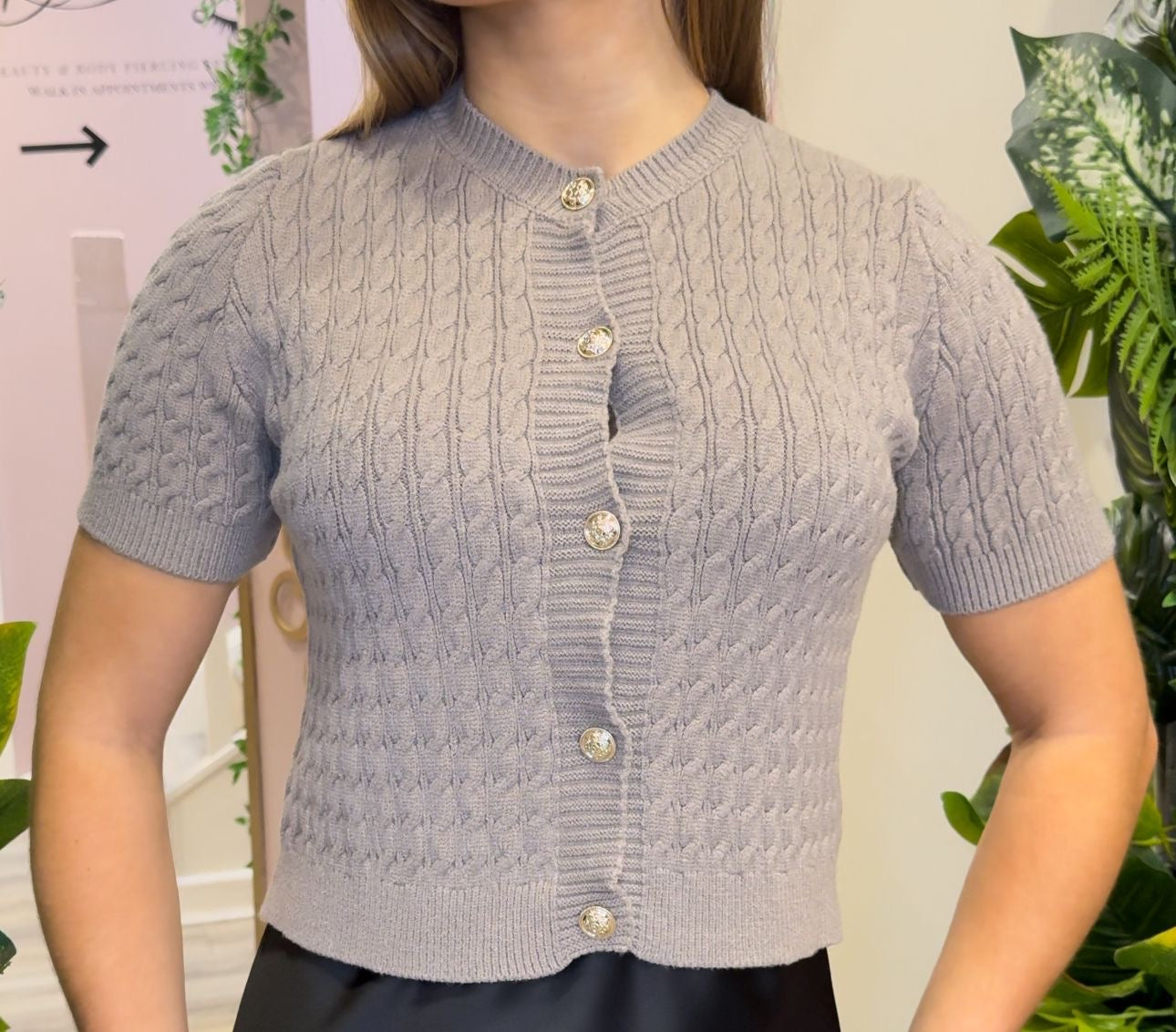 Taupe Gold Button Detail knitted Top