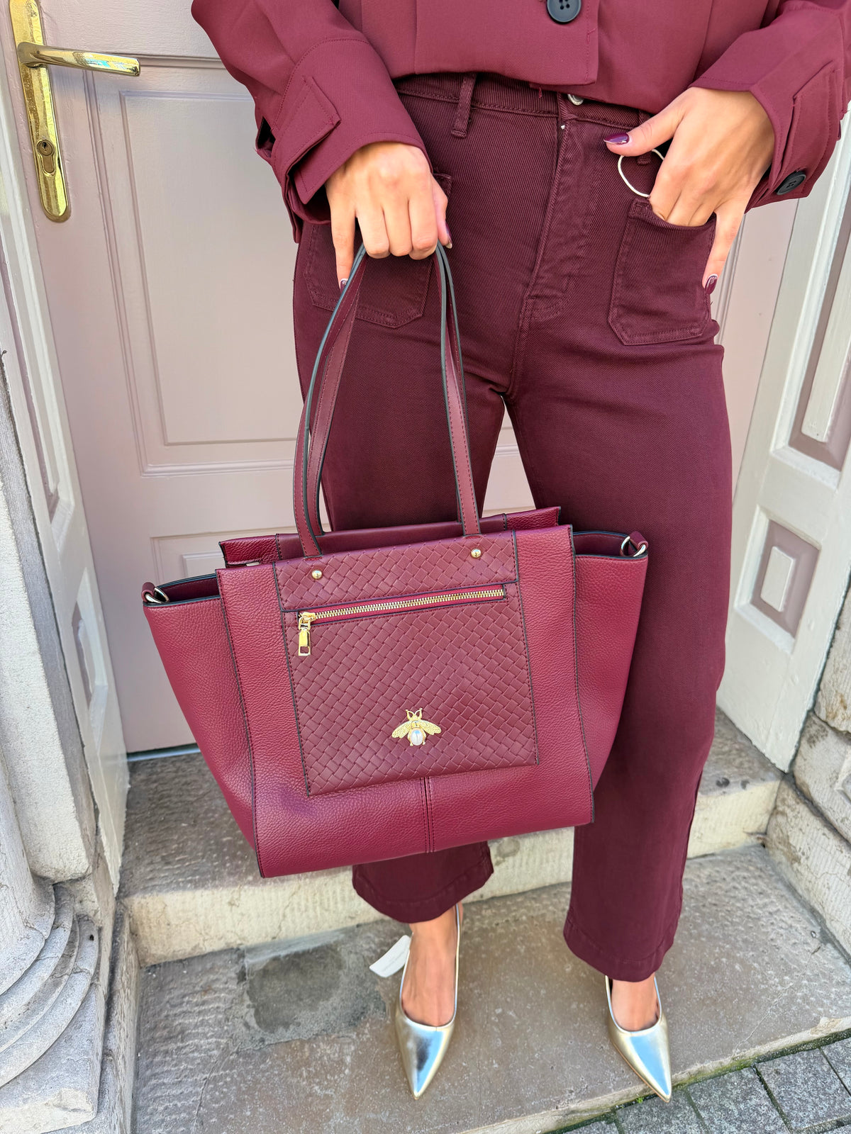 Gold Bee Detail Shoulder Tote Handbag