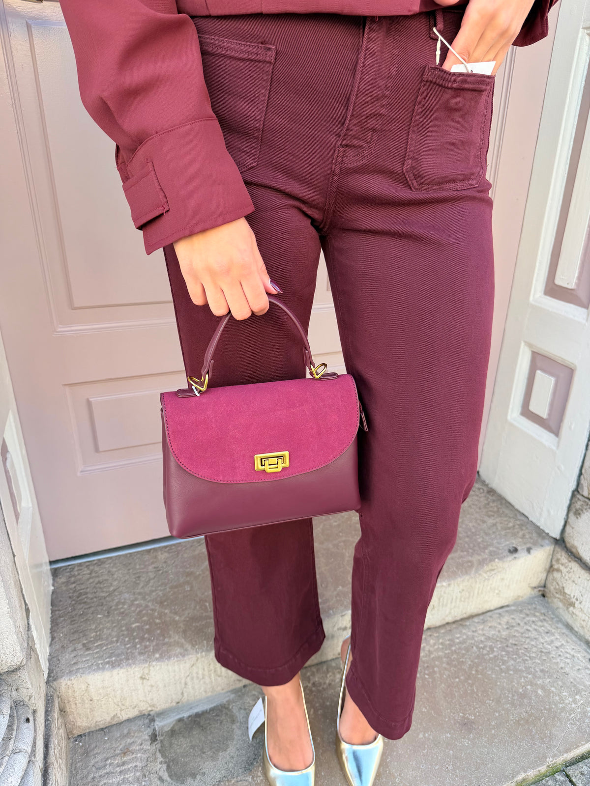 Suede And Pu Detail Handbag