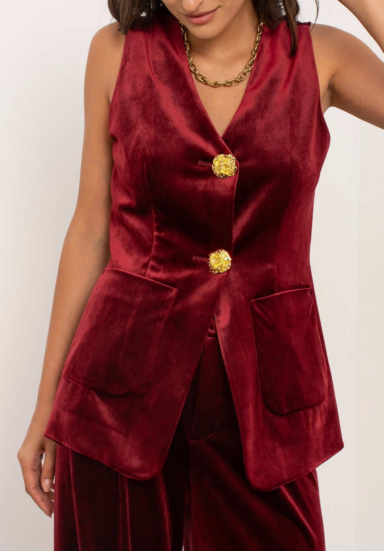 Burgundy Velvet V Neck Waistcoat with Statement Buttons