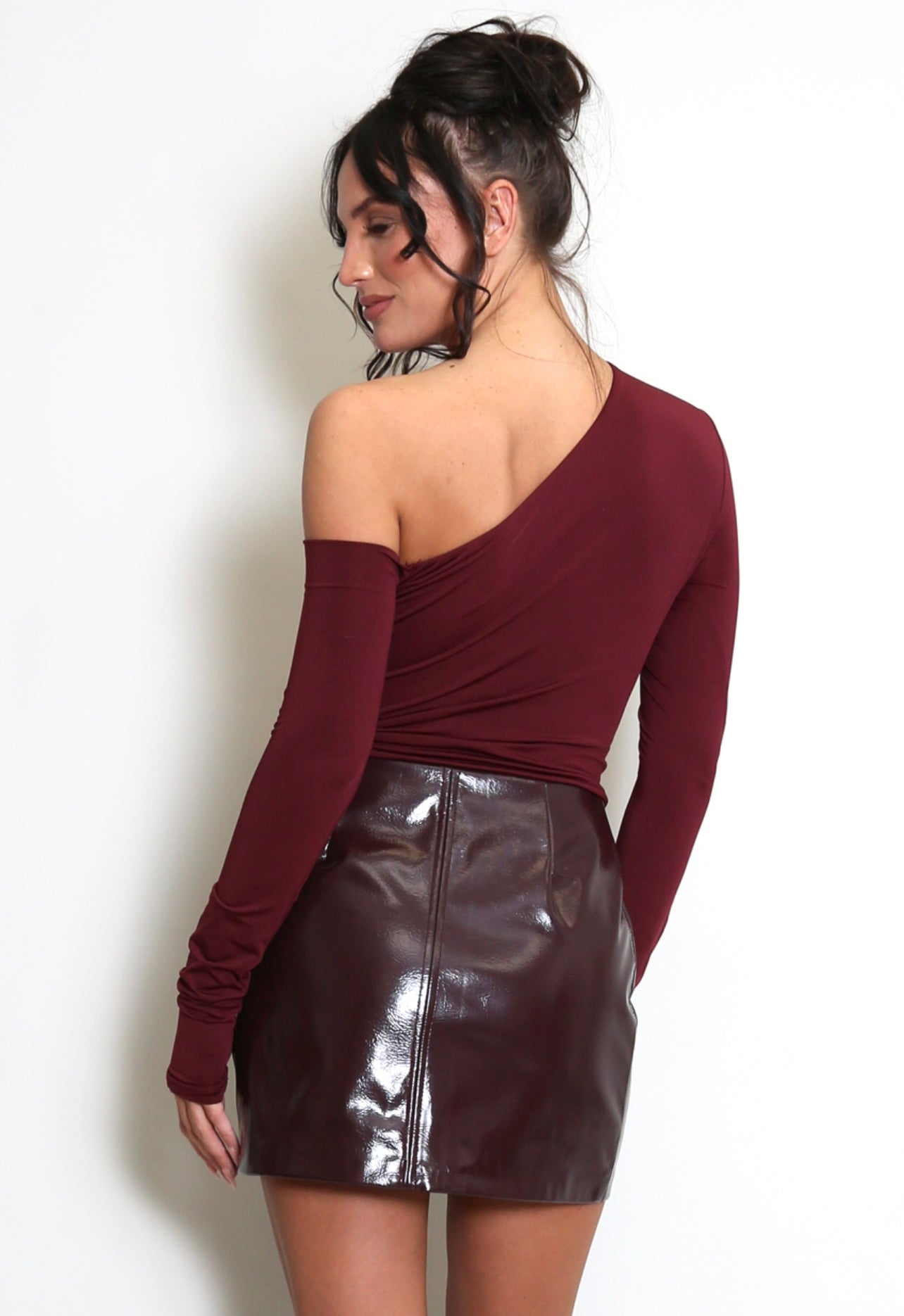 Wine Long Sleeve Crop Top With Asymmetric Neckline