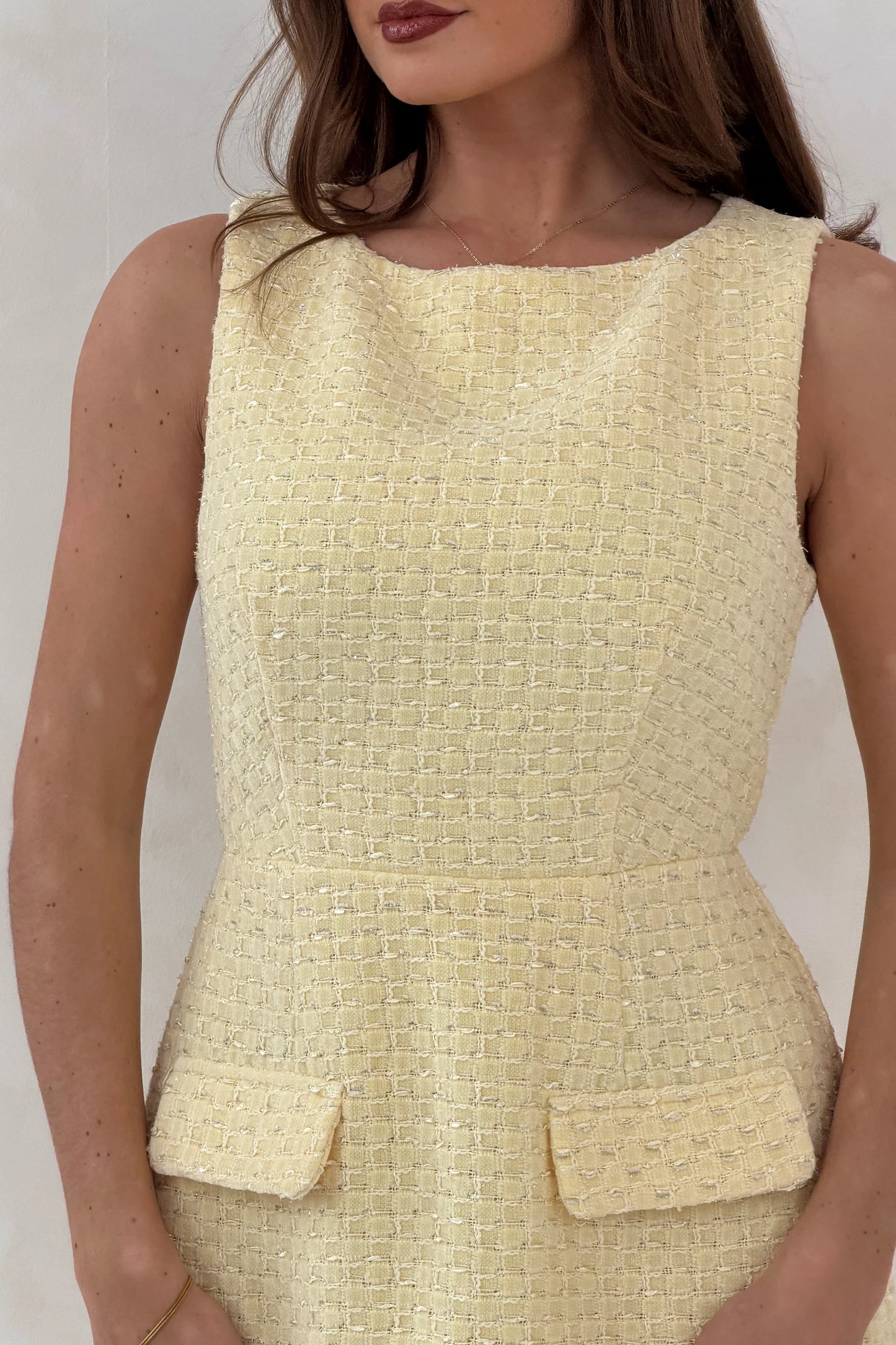 Athenia Tweed Pocket Detail Mini Dress Yellow