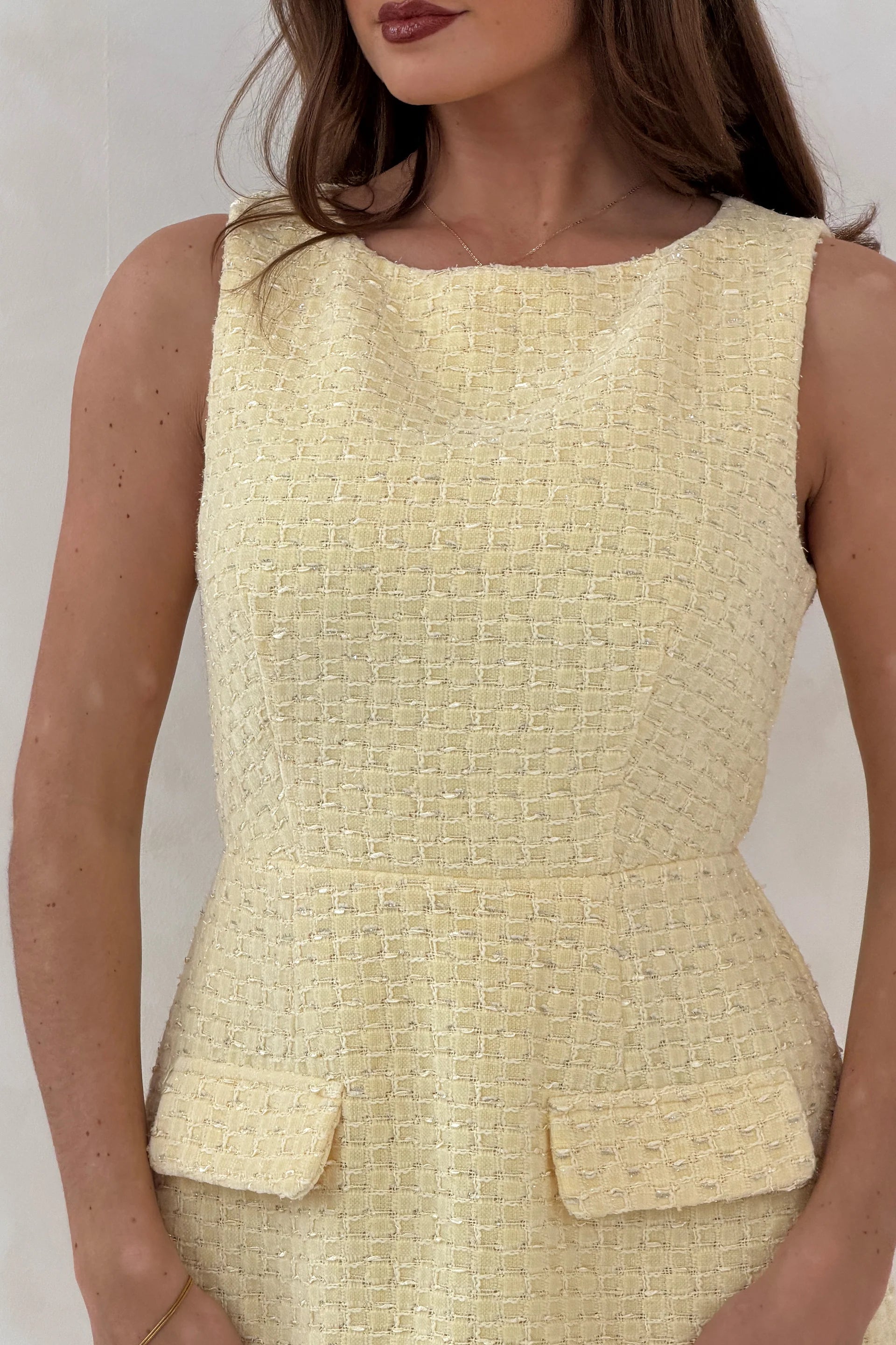 Athenia Tweed Pocket Detail Mini Dress Yellow