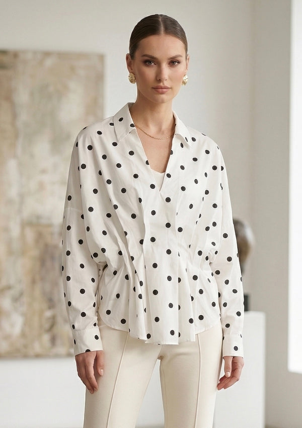 White Polka Dot Gathered Pleat Blouse