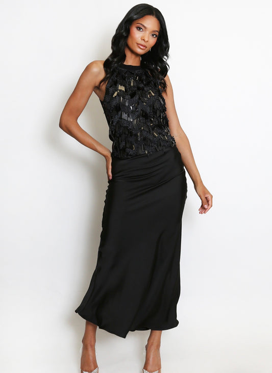 Black Satin Bias Cut Flowing Maxi Skirt