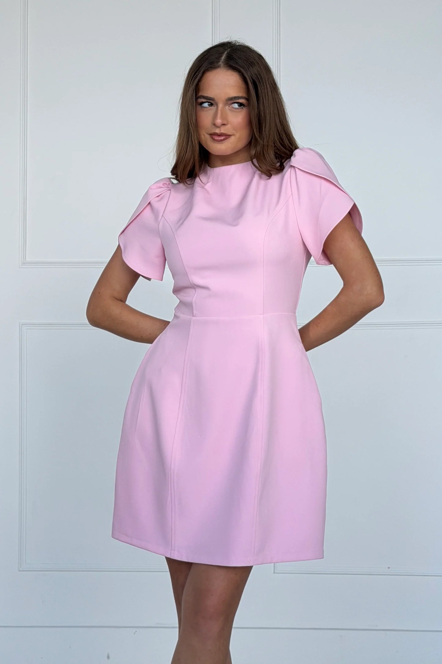 Pink Ami Tulip Sleeve High Neck Mini Dress