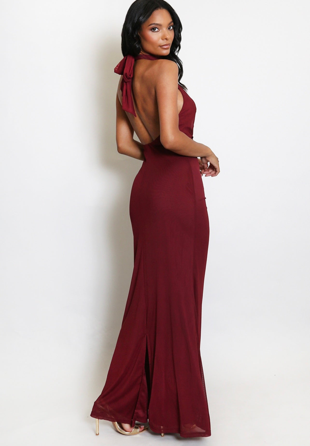 Wine Ruched Halter Neck Maxi Dress