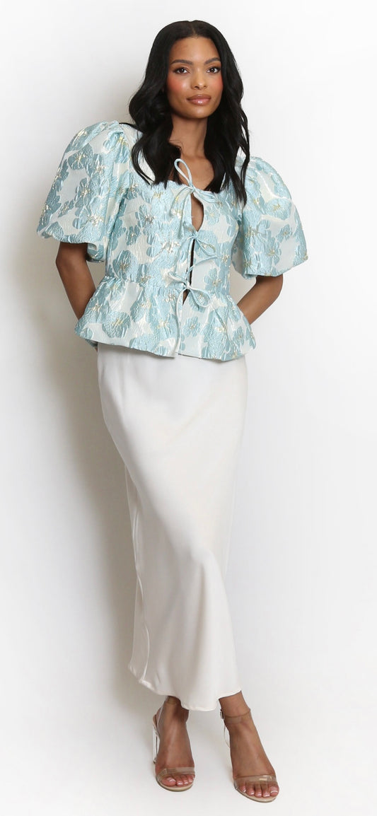 Blue Floral Jacquard Tie Front Peplum Top