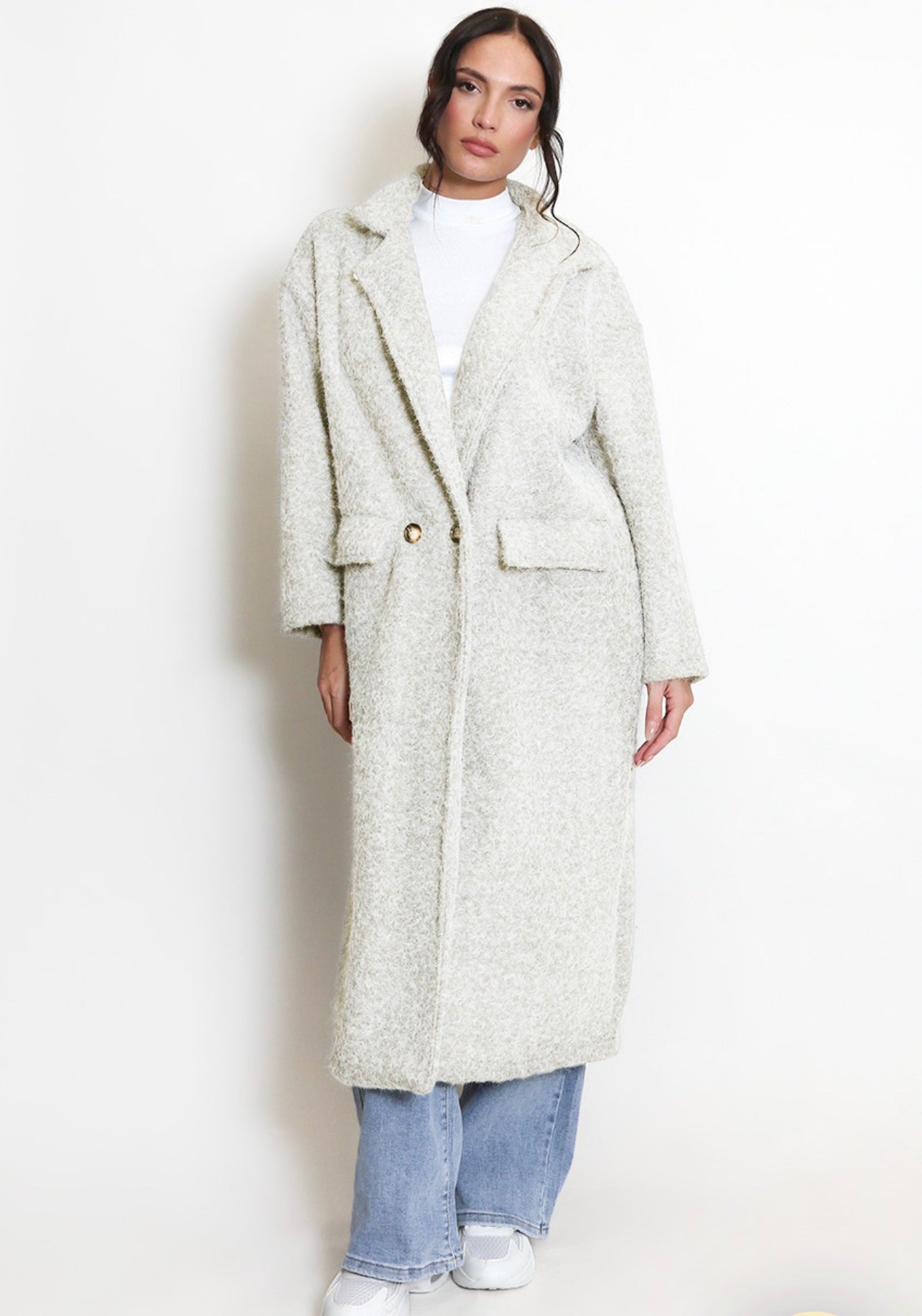 Cream Boucle Double Button Oversized Coat