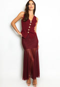 Wine Panelled Mesh Hem Maxi Skirt