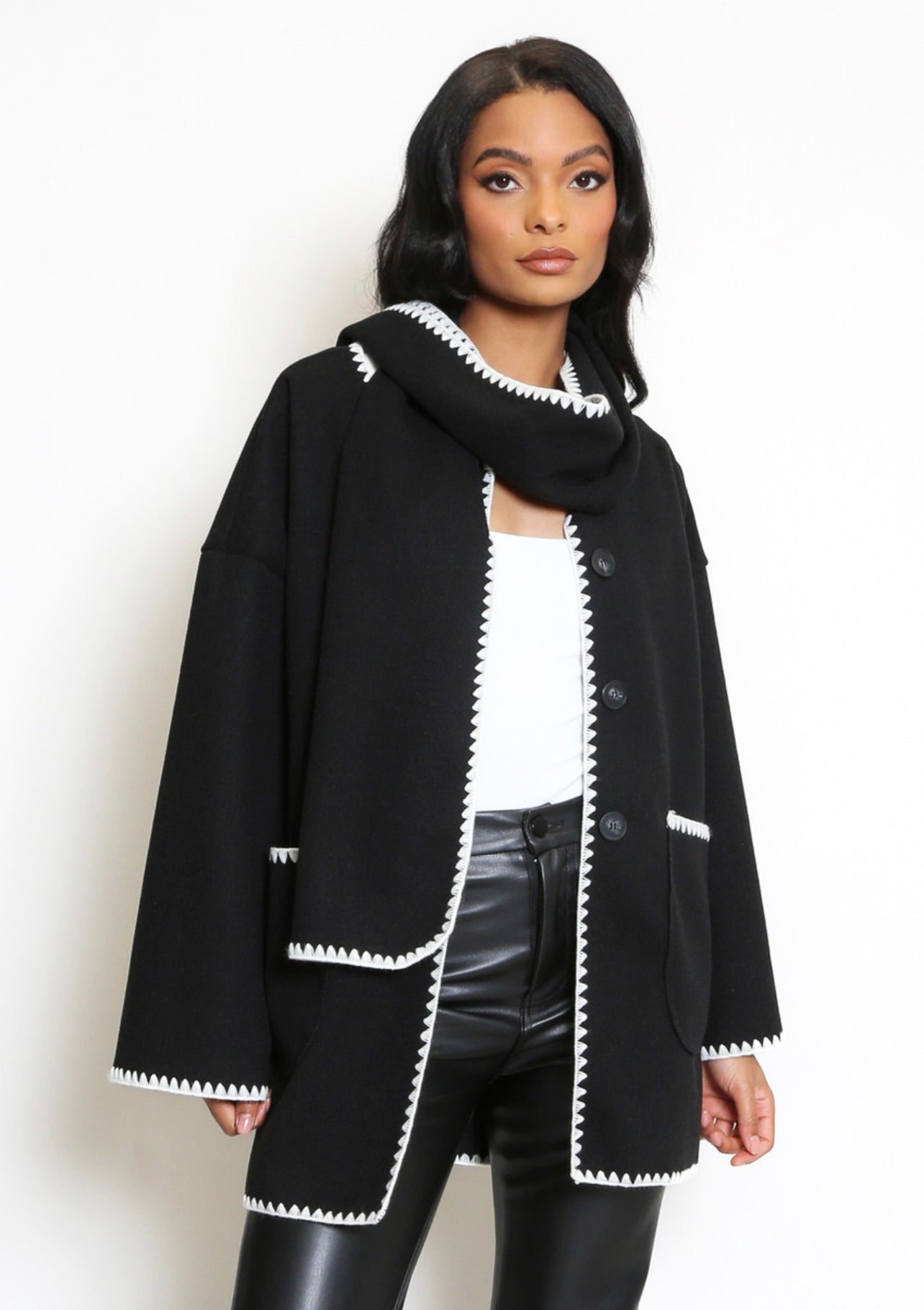 Black Button Contrast Edge Jacket And Scarf Set